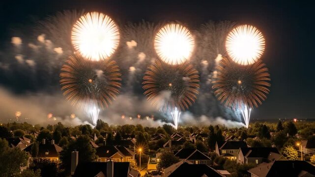 Multiple gold fireworks exploding over a city park at night