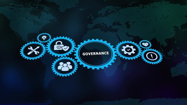 Corporate compliance and digital leadership icon set featuring the word governance for business regulation.