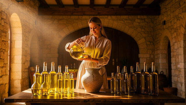 A young woman dressed in a modest linen gown carefully pours golden extra virgin olive oil from a transparent glass decanter into a rustic ceramic jug while standing before a collection of many...