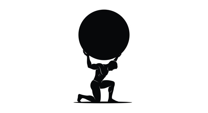 Stylized vector illustration of a mythological figure, an Atlas representation, stoically carrying a heavy spherical burden.