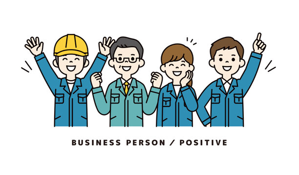 嬉しそうな表情で喜ぶ、作業服を着た男女の社員・従業員の上半身ベクターイラスト素材セット