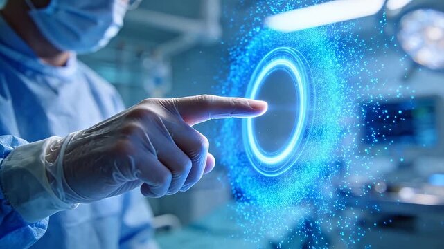 Medical professional touching blue holographic interface with particle effects