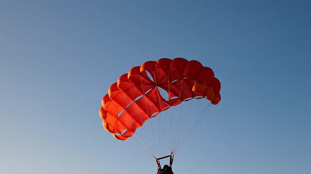 Person parachuting with red parachute against blue sky