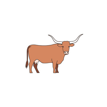 Texas Longhorn Cow: A detailed illustration of a majestic Texas longhorn cow, its distinctive long horns prominently displayed, standing regally in a studio setting.