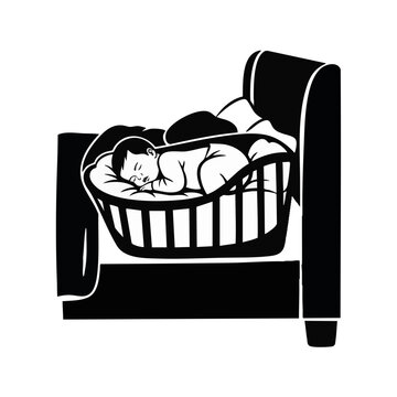 Baby sleeping in bedside co-sleeper vector illustration. Safe sleep and nursery furniture concept. Black and white graphic isolated on transparent background