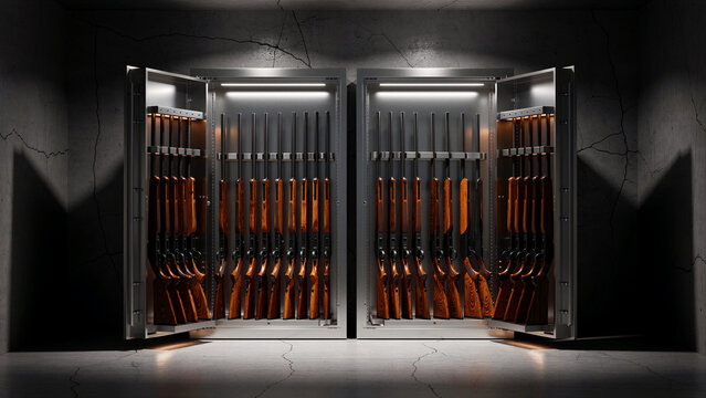 Two large, stainless steel gun safes, brightly illuminated, stand open to reveal an impressive, organized collection of numerous modern sporting rifles, each featuring beautifully crafted wooden