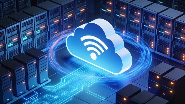 Data center server racks with blue wifi cloud icon