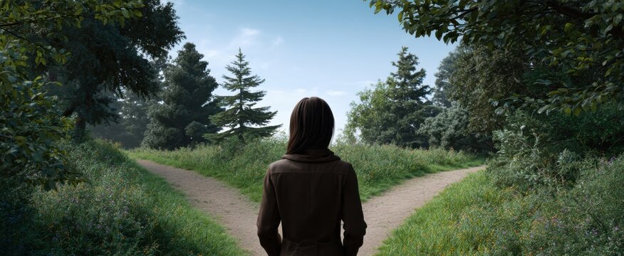 A woman at a forked forest trail chooses her path like a life artist in nature 3D render