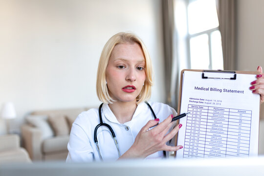 Medical billing statement and insurance. Female doctor explaining hospital costs on clipboard. Healthcare and medicine concept Attractive blonde physician showing expensive invoice during consultation