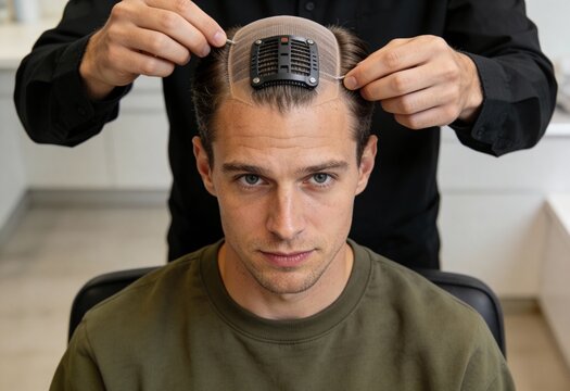 Man receiving hair replacement treatment in a professional clinic. Close up of a technician applying a hairpiece or toupee to a male scalp. Hair loss solution and male grooming concept