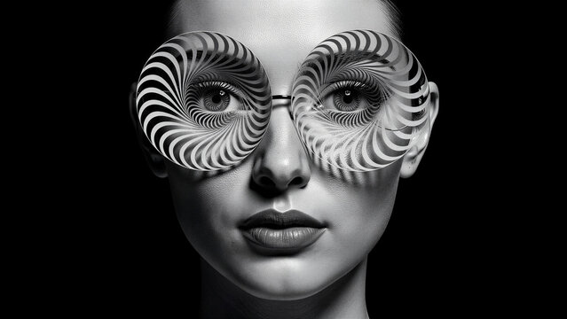 Close up portrait of a young woman with a sharp gaze wearing circular glasses featuring intricate hypnotic spiral patterns that create a striking optical illusion while focusing on her detailed...