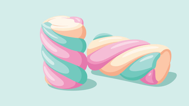 Two long twisted marshmallow ropes in pastel shades of pink, blue, yellow, and orange are placed together on a light teal background.