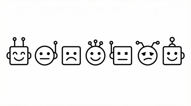 Vector illustration of seven robot face icons in minimalist line style.