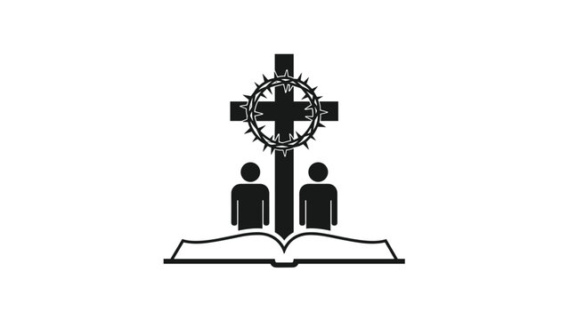 Christian religious symbol featuring a cross with a crown of thorns, two human silhouettes, and an open holy bible at the bottom base.