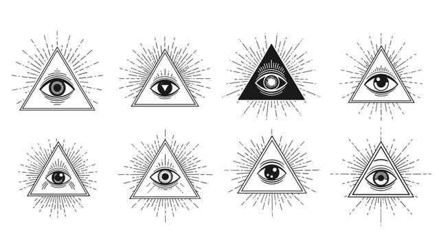 Collection of mystical all-seeing eye symbols inside triangles with radiant sunbeams for occult esoteric and masonic design projects.