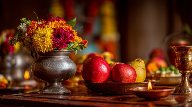 Nallur Festival, Colorful flower arrangement and fruits on ceremonial table with candles during Nallur Festival creating warm spiritual ambiance and traditional Hindu celebration setting