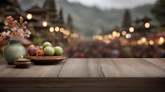 Nallur Festival, Flowers and fruit offerings on wooden table with blurred crowd and temple lights in background capturing vibrant and spiritual Nallur Festival celebration atmosphere