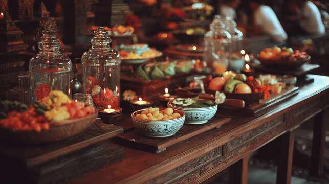 Nallur Festival, Traditional food and offerings arranged on wooden table with candles and temple setting during Nallur Festival highlighting sacred rituals and festive spirituality