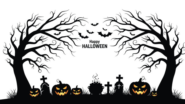 Spooky halloween scene with silhouettes of gnarly trees flying bats gravestones and glowing pumpkins under a clean white background.