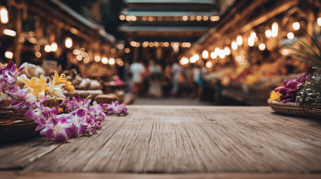 Nallur Festival, Traditional wooden table with flowers and temple lights in background representing serene and sacred atmosphere during Nallur Festival religious celebration