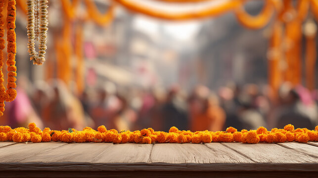 Nallur Festival, Wooden table foreground with marigold garlands and blurred temple crowd background during Nallur Festival highlighting cultural celebration and vibrant religious gathering