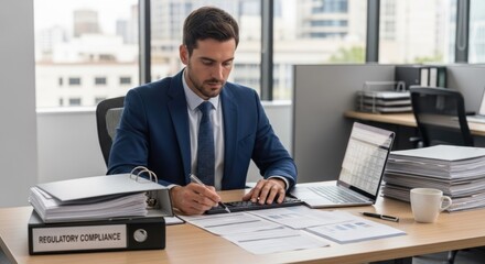 Obraz premium A man in a suit working at a desk with a laptop and documents.