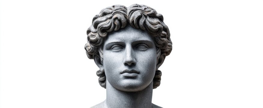 Granite bust of an ancient man on white classic Roman art for cultural studies.
