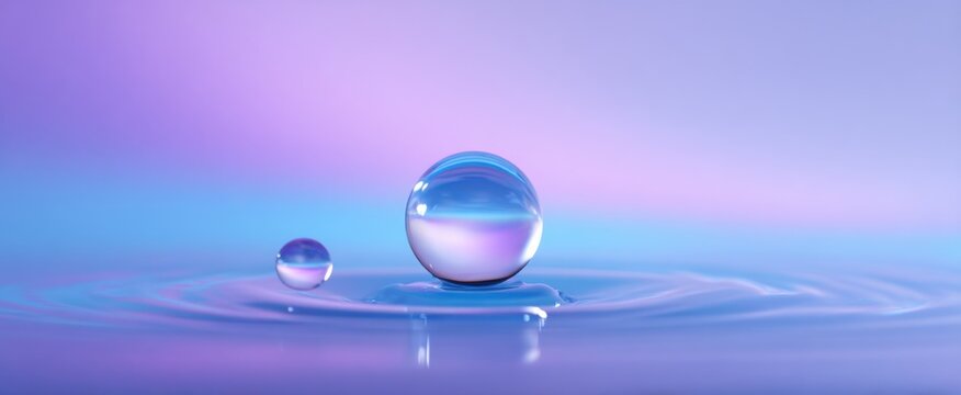 A vivid blue oil droplet and a soft bubble atop water with a gentle lavender gradient.