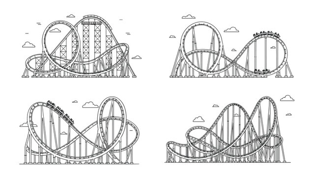 Four different roller coaster track designs in a clean black line art style, showing various loops, drops, and support structures for a park.