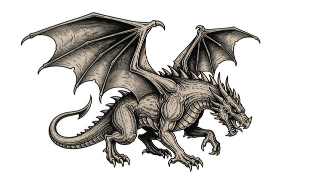 Detailed illustration of a fierce mythical dragon in an engraved vintage style shown from the side with large wings and sharp scales.
