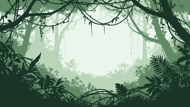 Silhouetted tropical jungle scene with dense foliage vines and palm trees in various shades of green creating a misty atmosphere.
