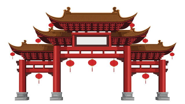Traditional red chinese gate architectural structure adorned with hanging lanterns and tiered roofs on a plain white background.