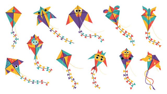 Set of eleven colorful kites with long decorated tails in various geometric and animal shapes like birds and fish.