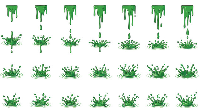 Set of sequential animation frames showing a drop of green liquid slime falling and creating various splash effects.