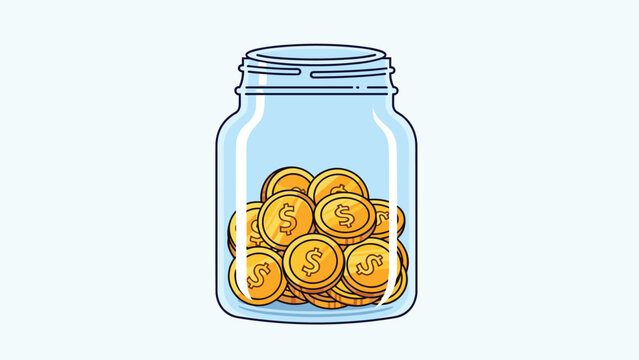 Clear glass savings jar is filled to the top with shiny gold dollar coins representing financial growth, budgeting, and wealth accumulation.