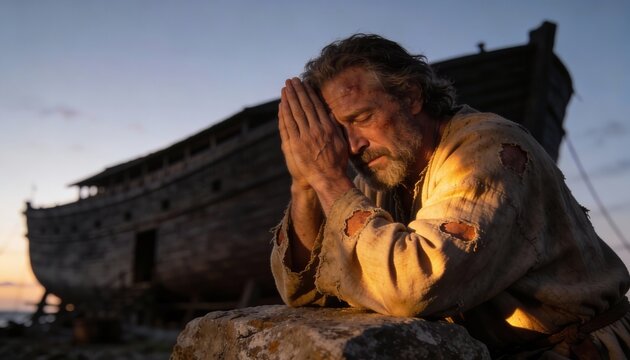 The biblical prophet Noah praying with faith in front of the ark. A religious man in tattered clothes with hands clasped in devotion at sunset. Old Testament story of hope and salvation