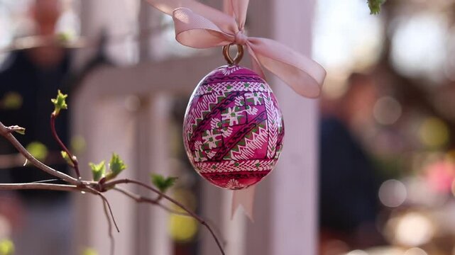 Easter egg on a ribbon on a blurred background. Wooden Easter egg painted with bright patterns is hung on a ribbon with a bow. Close-up of a traditional pysanka. Happy Easter! Holiday concept
