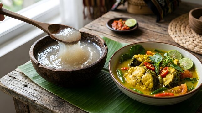 Serving Papeda Sago Porridge with Yellow Fish Broth and Lime