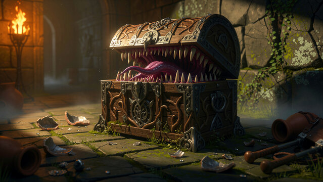 A detailed fantasy mimic chest featuring sharp wooden teeth and a long purple tongue appearing as a dangerous wooden treasure box trap waiting to ambush unsuspecting adventurers in a dark and
