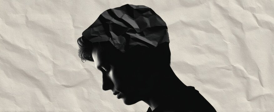 A silhouette of worry like crumpled paper shadows a stressed individual&rsquo;s profile.