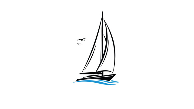 Minimalist black silhouette of a sailboat on blue water waves with two birds flying in the sky on white background.