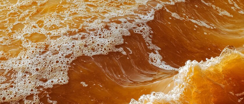 Flowing Brown Water with Bubbles and Foamy Texture in Surface Wave