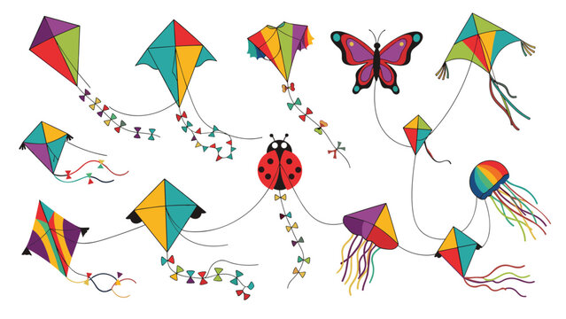 Assorted colorful flying kites with different shapes and long tails including a butterfly and a ladybug for summer fun.
