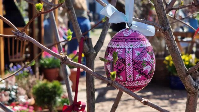 Easter egg on a ribbon on a blurred background. Wooden Easter egg painted with bright patterns is hung on a ribbon with a bow. Close-up of a traditional pysanka. Happy Easter! Holiday concept