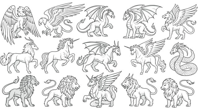 Large set of black and white line art illustrations of fantasy creatures such as dragons, unicorns, and griffins.