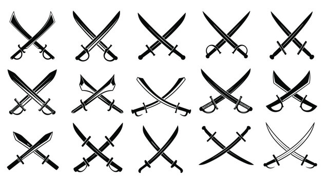 Set of fifteen different black and white icons featuring various styles of crossed swords, sabers, and scimitars for game or logo design.