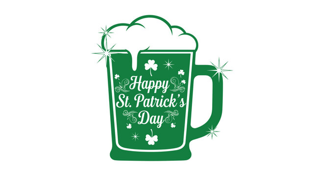 Green beer mug filled with foam and decorated with shamrocks and stars featuring the text Happy St. Patrick Day in white for the holiday.