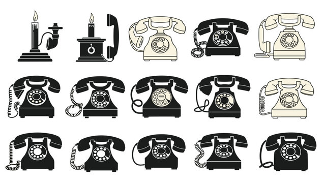 Detailed collection of vintage rotary telephones and early candlestick phones in various black and white illustrative styles.