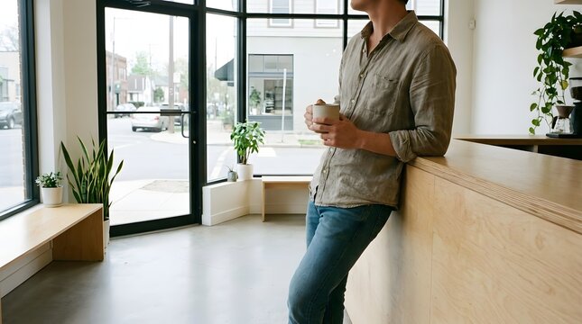 Man in casual clothes holding a coffee cup and leaning against a counter in a bright modern cafe with coffee shop with interior design