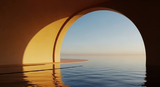 Sunset view through an archway over calm water with a clear blue sky